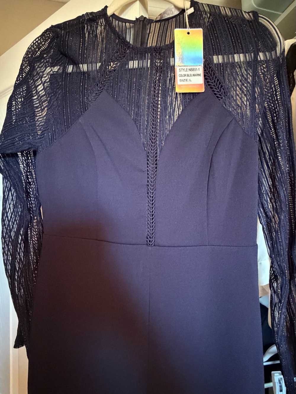 Navy Lace Yoke Long Sleeve Women's jumpsuit
